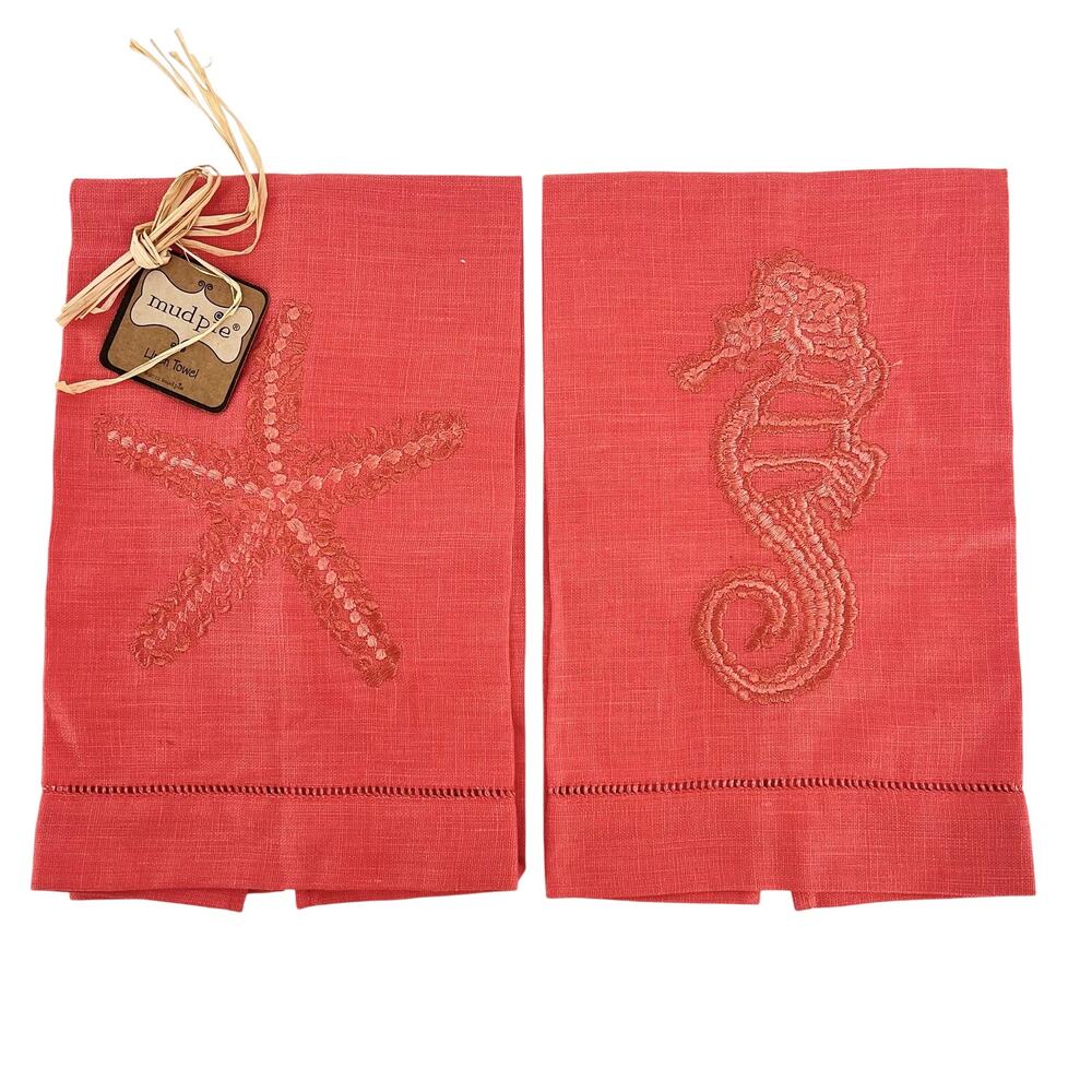 Mud Pie Linen Coastal Tea Towels Coral Embroidered Seahorse Starfish